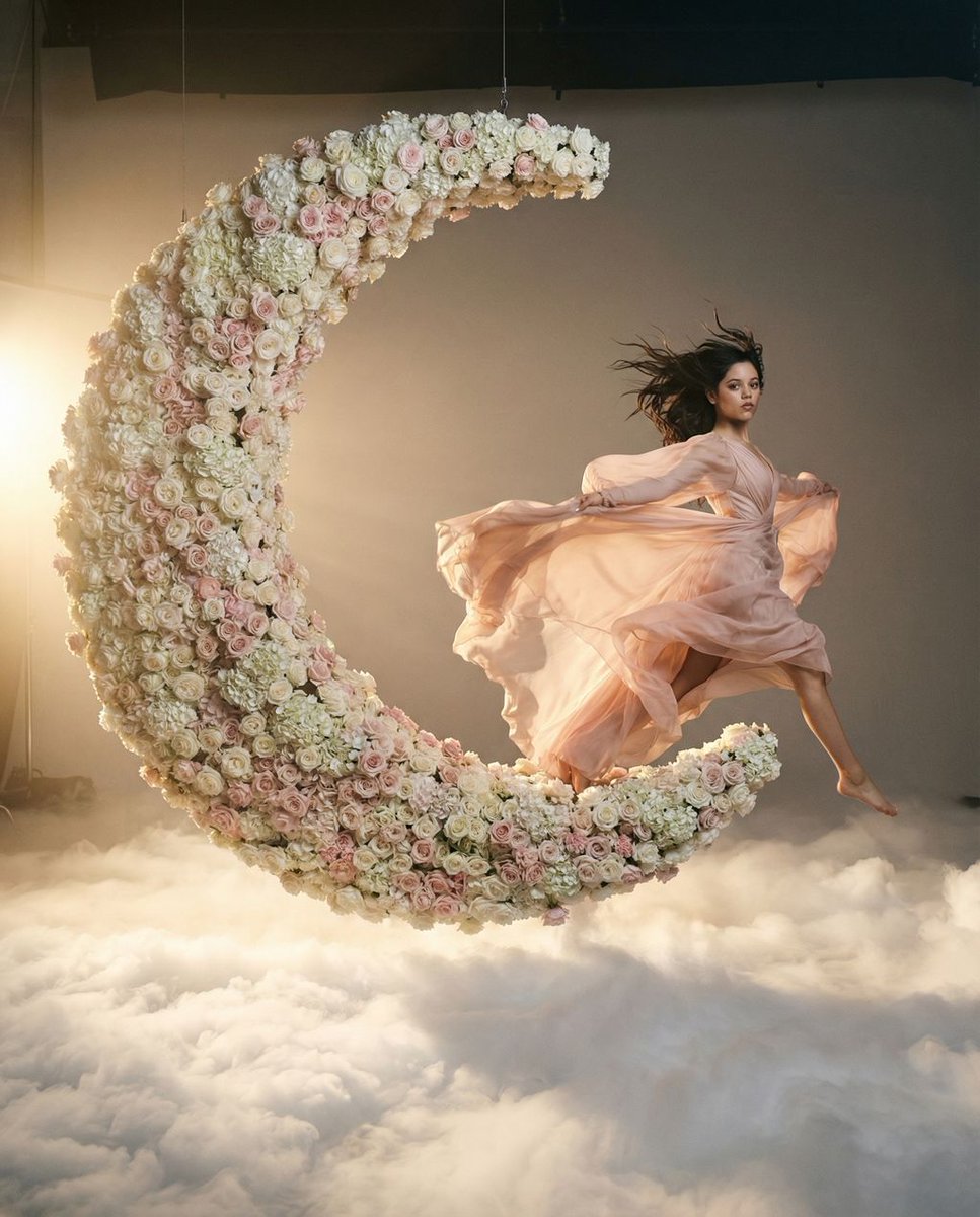 悬浮于花之轨道的动态梦境。一幅超写实的中画幅编辑级摄影作品。构图：电影三分法。主角位于画面右侧三分之一的边缘处，左侧留出大面积负空间。主体与动…, 图片 1