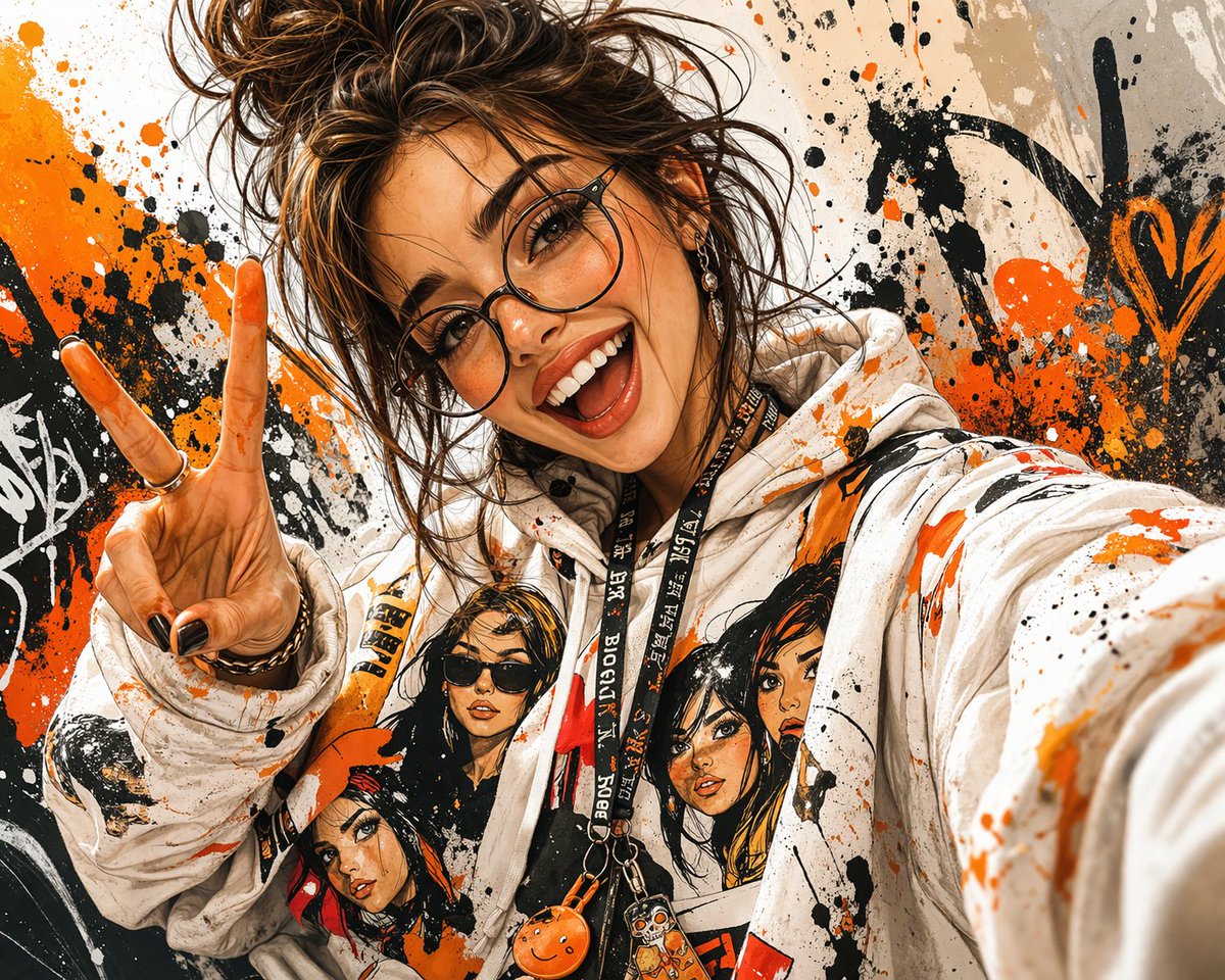 一幅充满活力的风格化数字插画,画中是一位戴着眼镜的年轻女性,她对着镜头开心地咧嘴大笑,并比出和平手势。她有着凌乱的棕色头发,扎成发髻并散落着几…, 图片 1