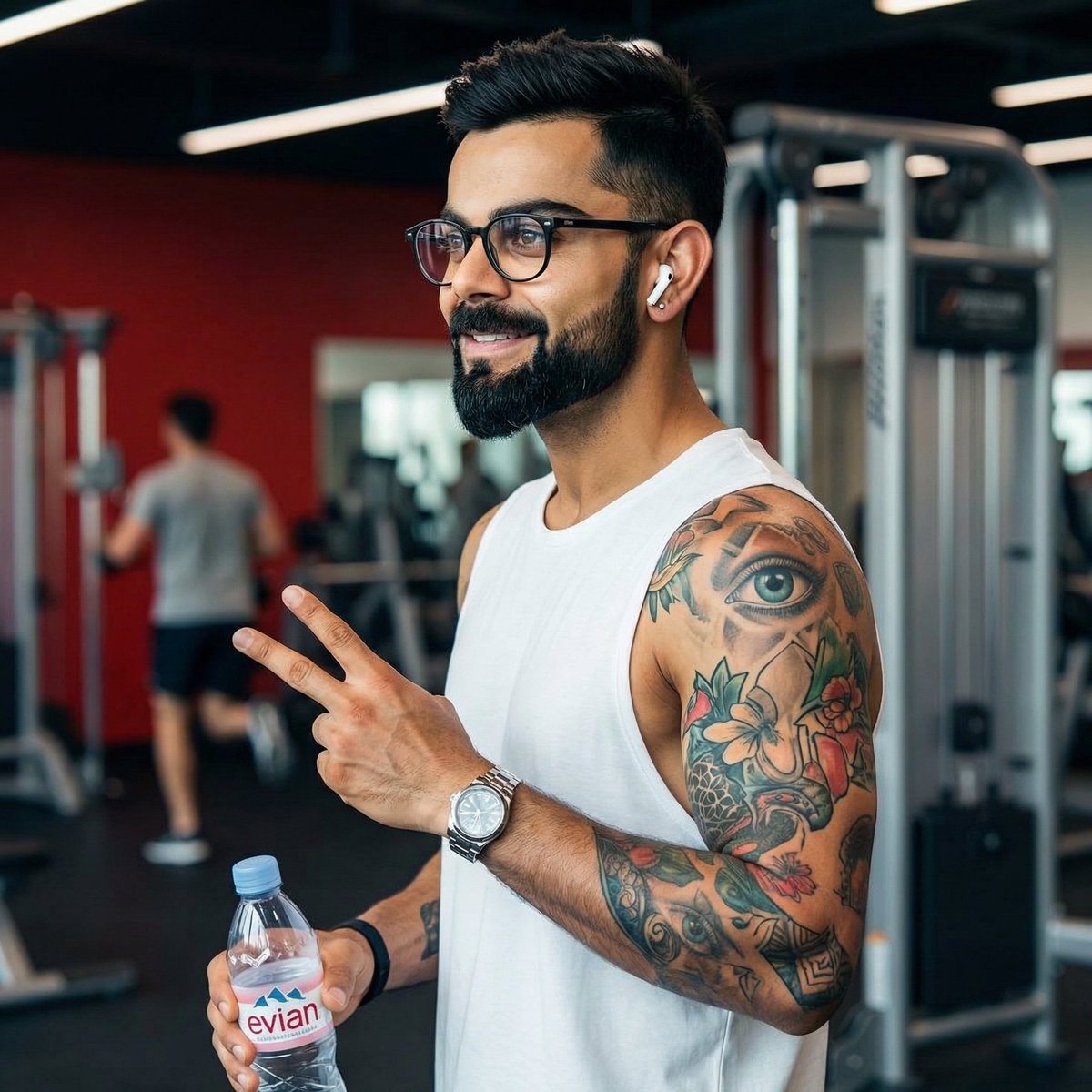 现代健身房中 Virat Kohli 的照片级写实肖像，高度细节，对焦锐利。他是一位肌肉发达的印度男性，留着修剪整齐的黑色胡须和造型有型的黑色…, 图片 1