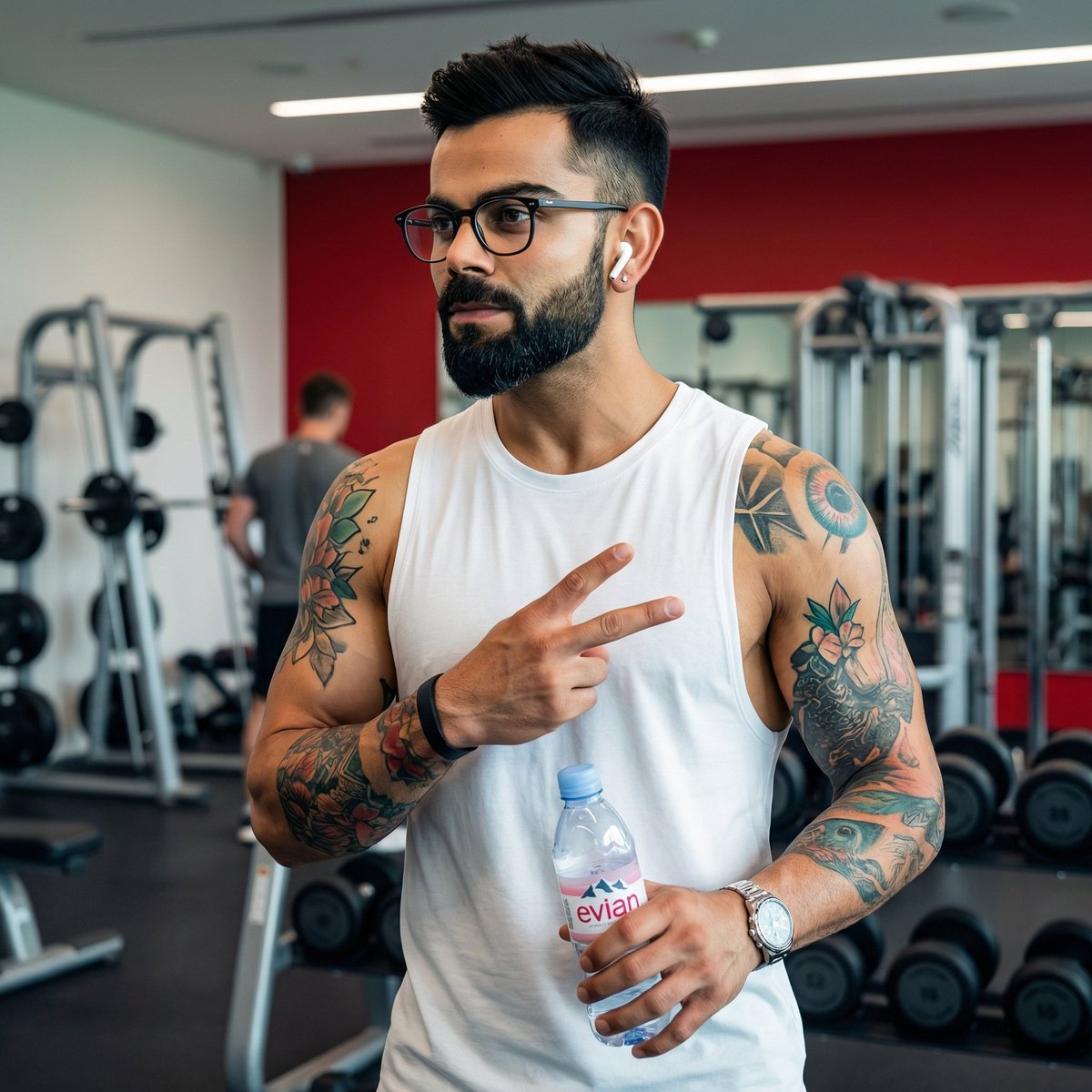现代健身房中 Virat Kohli 的照片级写实肖像，高度细节，对焦锐利。他是一位肌肉发达的印度男性，留着修剪整齐的黑色胡须和造型有型的黑色…, 图片 2