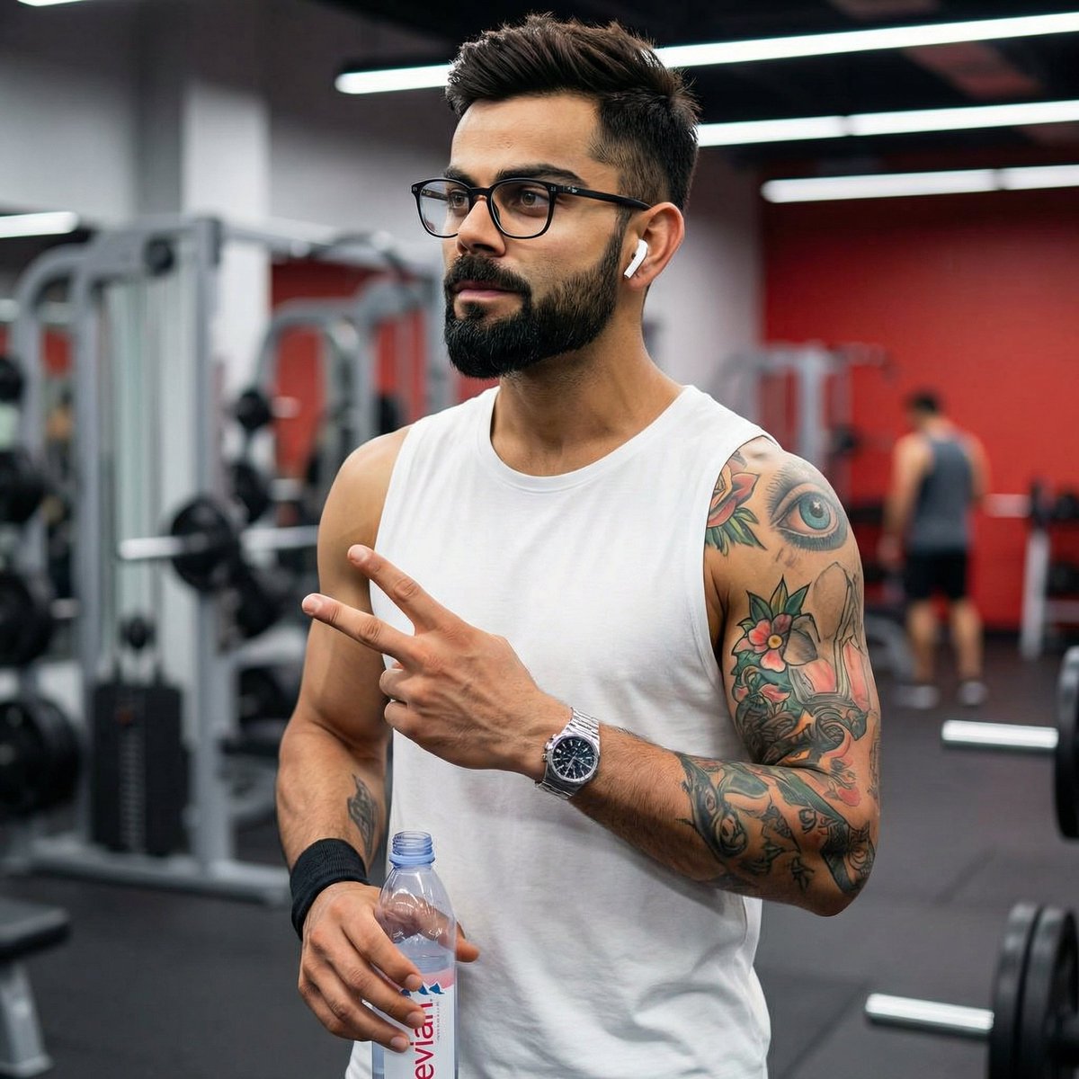 现代健身房中 Virat Kohli 的照片级写实肖像，高度细节，对焦锐利。他是一位肌肉发达的印度男性，留着修剪整齐的黑色胡须和造型有型的黑色…, 图片 3