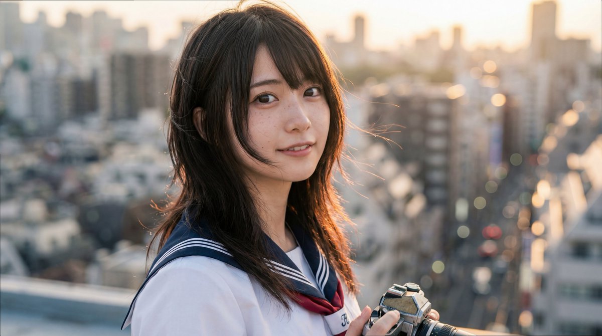 超写实摄影肖像:一位年轻日本女性,将经典动漫女主人公的美学转化为现实——大而有神、富有表现力的深色双眸,天生白皙的肌肤带着淡淡的雀斑,黑色层次…, 图片 1