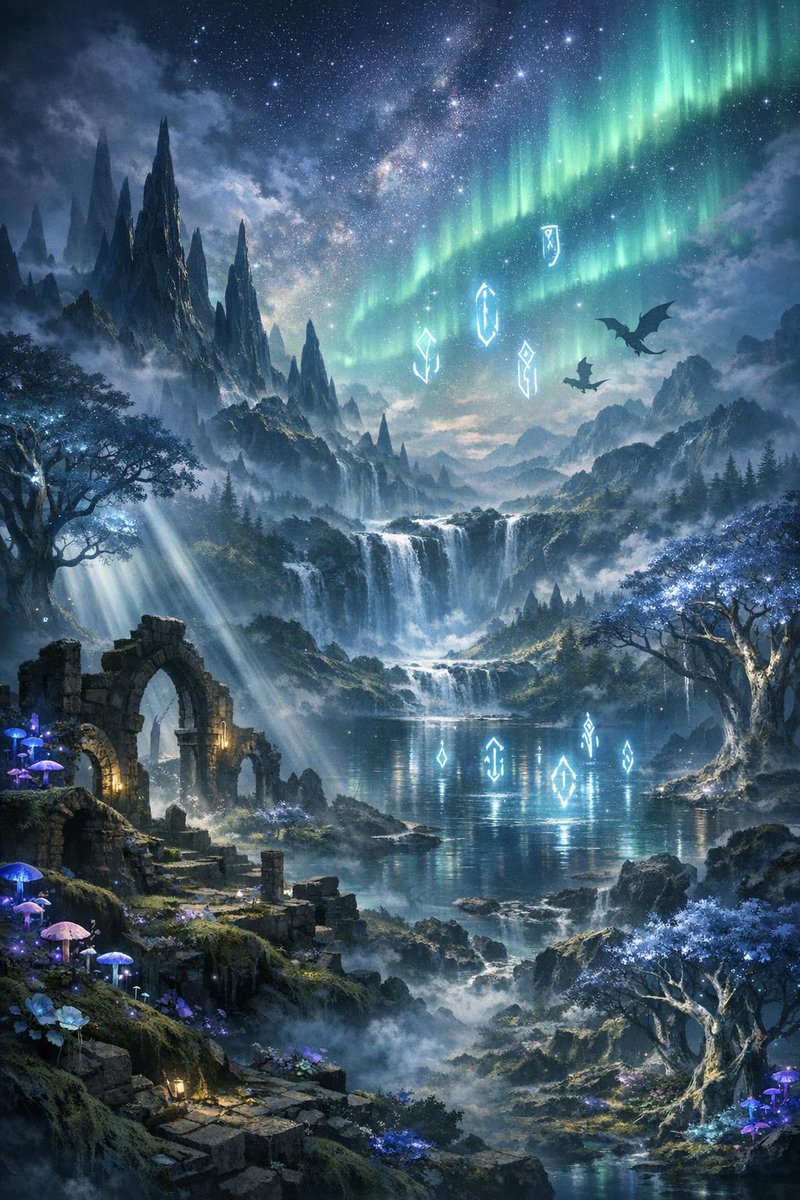 一片广袤、空灵的奇幻景观在黄昏时分展开，锯齿状的黑曜石尖塔刺破深靛蓝与翡翠绿交织的极光闪烁的天幕，古老的生物发光……更多内容请参见替代文本, 图片 1