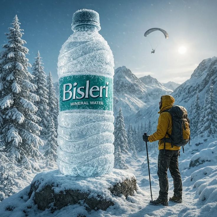 超写实电影感照片:一座巨大的冰冻矿泉水瓶矗立在高海拔高山景观中一块被积雪覆盖的岩石上,周围是覆盖着新雪的茂密松树。矿泉水瓶的品牌名称为 (BR…, 图片 1