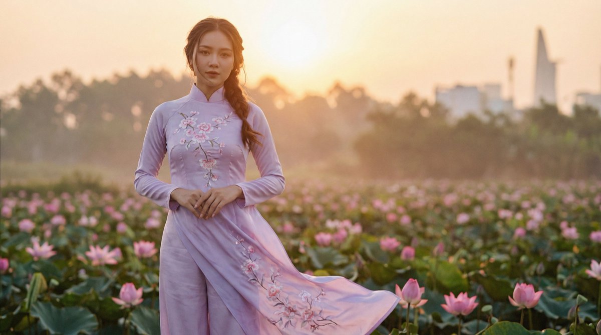 时尚编辑风格摄影:一位越南女性身穿传统奥黛(áo dài),面料为淡紫色丝绸,点缀精致花卉刺绣;她站立于日出时分盛开的莲花花海之中,柔和朦胧的…, 图片 1