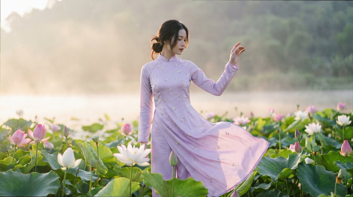 时尚编辑风格摄影:一位越南女性身穿传统奥黛(áo dài),面料为淡紫色丝绸,点缀精致花卉刺绣;她站立于日出时分盛开的莲花花海之中,柔和朦胧的…, 图片 3
