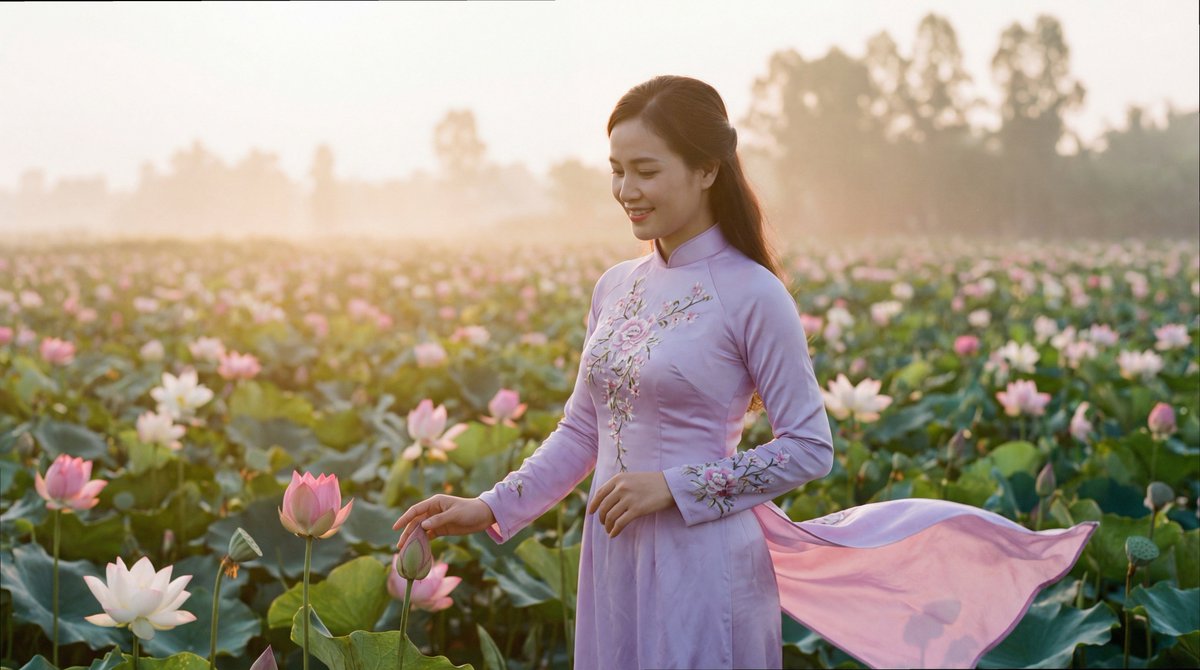 时尚编辑风格摄影:一位越南女性身穿传统奥黛(áo dài),面料为淡紫色丝绸,点缀精致花卉刺绣;她站立于日出时分盛开的莲花花海之中,柔和朦胧的…, 图片 4