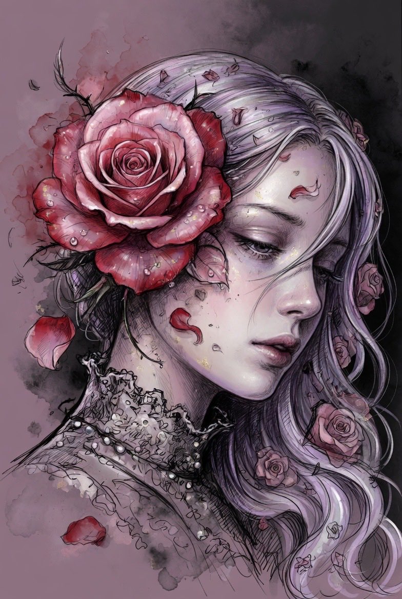 Grok Imagine Prompt Share: 一位令人惊叹的空灵女性，四分之三侧面，头部轻轻向下倾斜，带着忧郁而宁静的表情，眼睛轻轻闭…, 图片 1