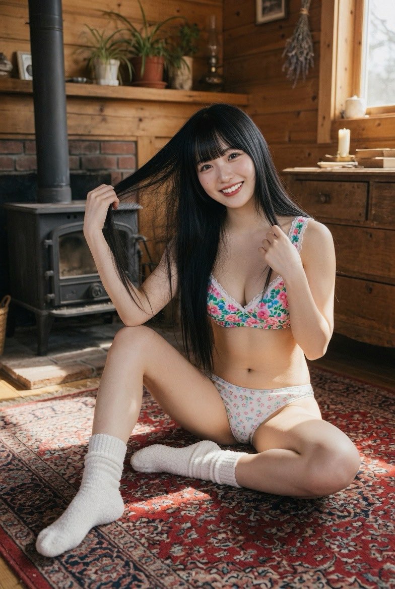 超写实全身照片:一位美丽的日本年轻模特女性,二十出头,俏皮地坐在一间温馨质朴的木屋中一块红色花纹的大波斯地毯上。她有一头乌黑顺滑的长发配齐整的…, 图片 4