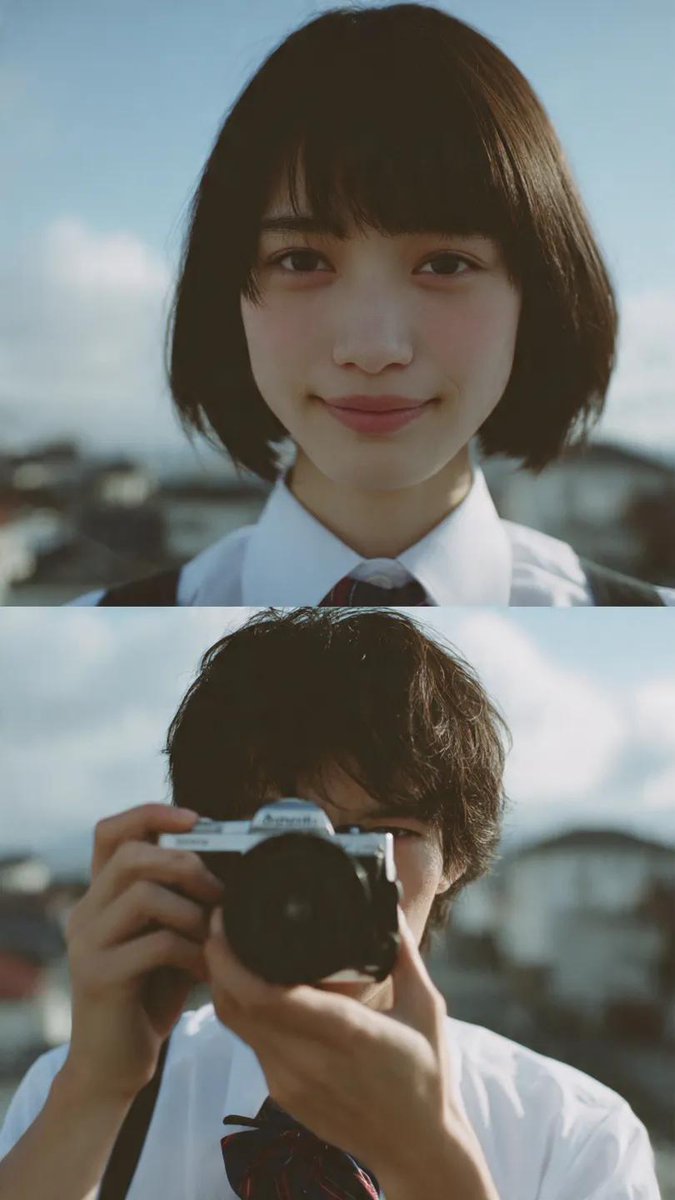 电影感双联画构图,少年男女身着日本校服站在屋顶。上方画面:短发齐刘海的女孩特写肖像,自然柔和的微笑,看向镜头,叠加细微的相机对焦框。下方画面:…, 图片 1