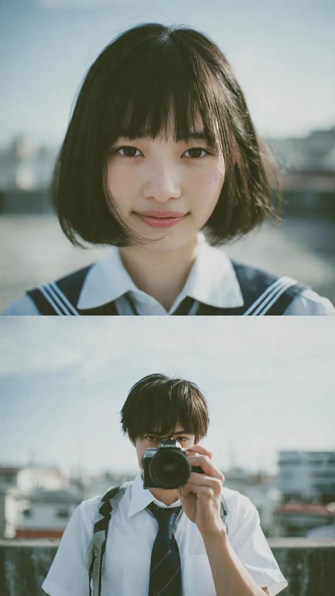 电影感双联画构图,少年男女身着日本校服站在屋顶。上方画面:短发齐刘海的女孩特写肖像,自然柔和的微笑,看向镜头,叠加细微的相机对焦框。下方画面:…, 图片 2