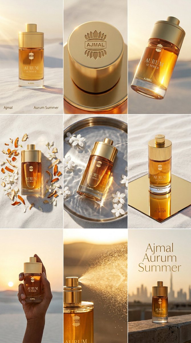无缝衔接的15秒奢华香水广告片,Aurum Summer EDP(淡香精)。请勿展示分镜表——仅将场景作为参考。场景1(0–3秒):电影感慢速…, 图片 1