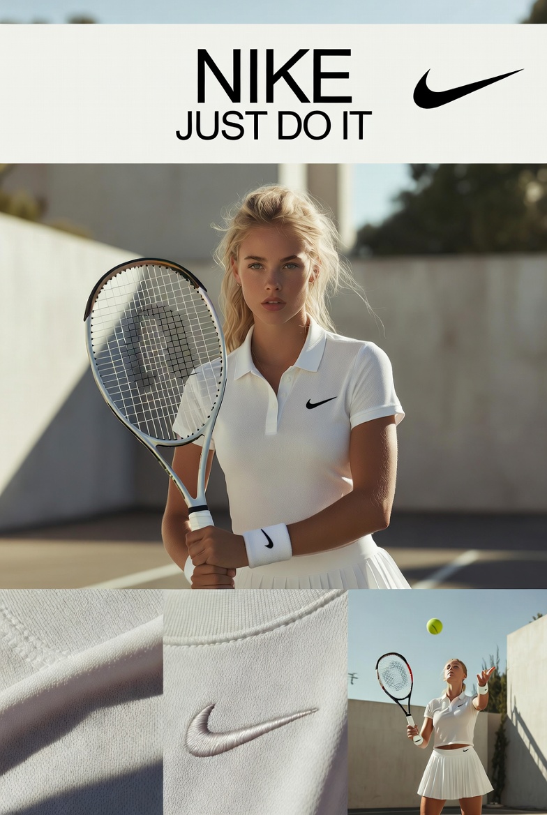 为 Nike 创建一个 3:4 比例的高端网球时尚广告,采用多格编辑网格布局,包含 3 行 2 列,以及一个顶部横幅。使用细白色分隔线和干净、…, 图片 1