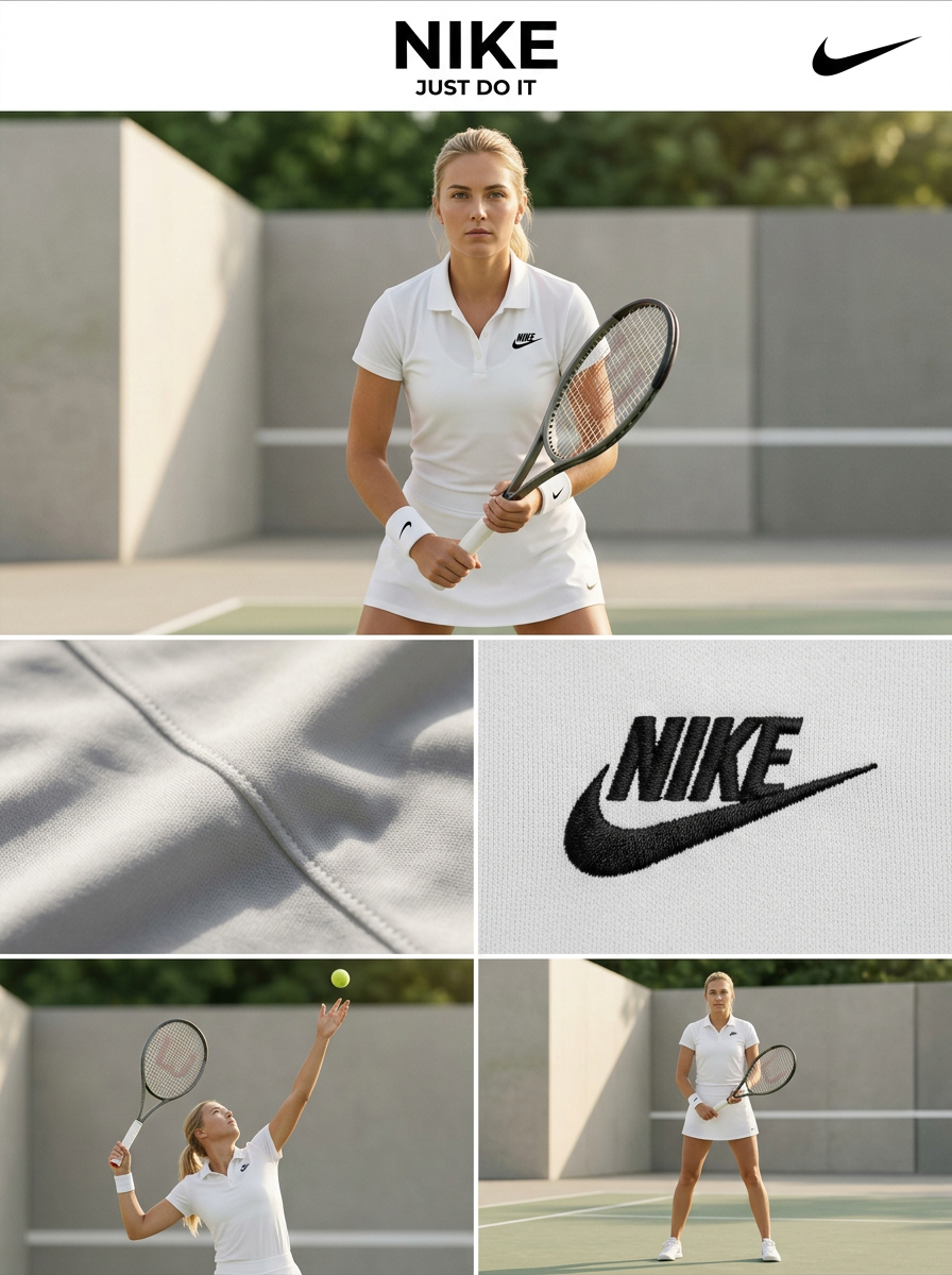 为 Nike 创建一个 3:4 比例的高端网球时尚广告,采用多格编辑网格布局,包含 3 行 2 列,以及一个顶部横幅。使用细白色分隔线和干净、…, 图片 2