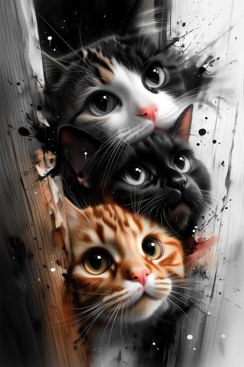 一群猫紧紧叠在一起，从狭窄的木缝中探头张望，多张面孔清晰可见（黑猫、姜黄猫、虎斑猫），眼神富于表现力，构图亲密，朝向观者，毛发刻画极为精细，整…, 图片 2