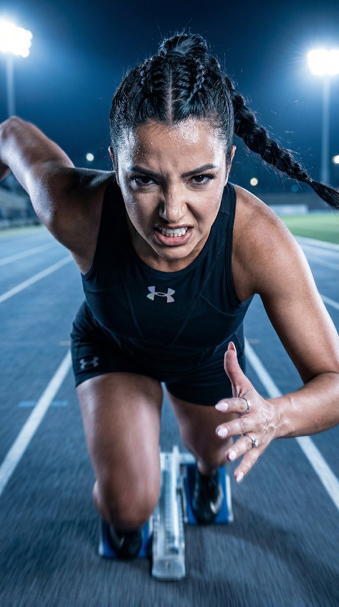 Under Armour 运动表现主题广告大片。相机:Nikon Z9,70mm f2,戏剧化高角度镜头,随后切换至极近景合成画面。色彩调性:…, 图片 1