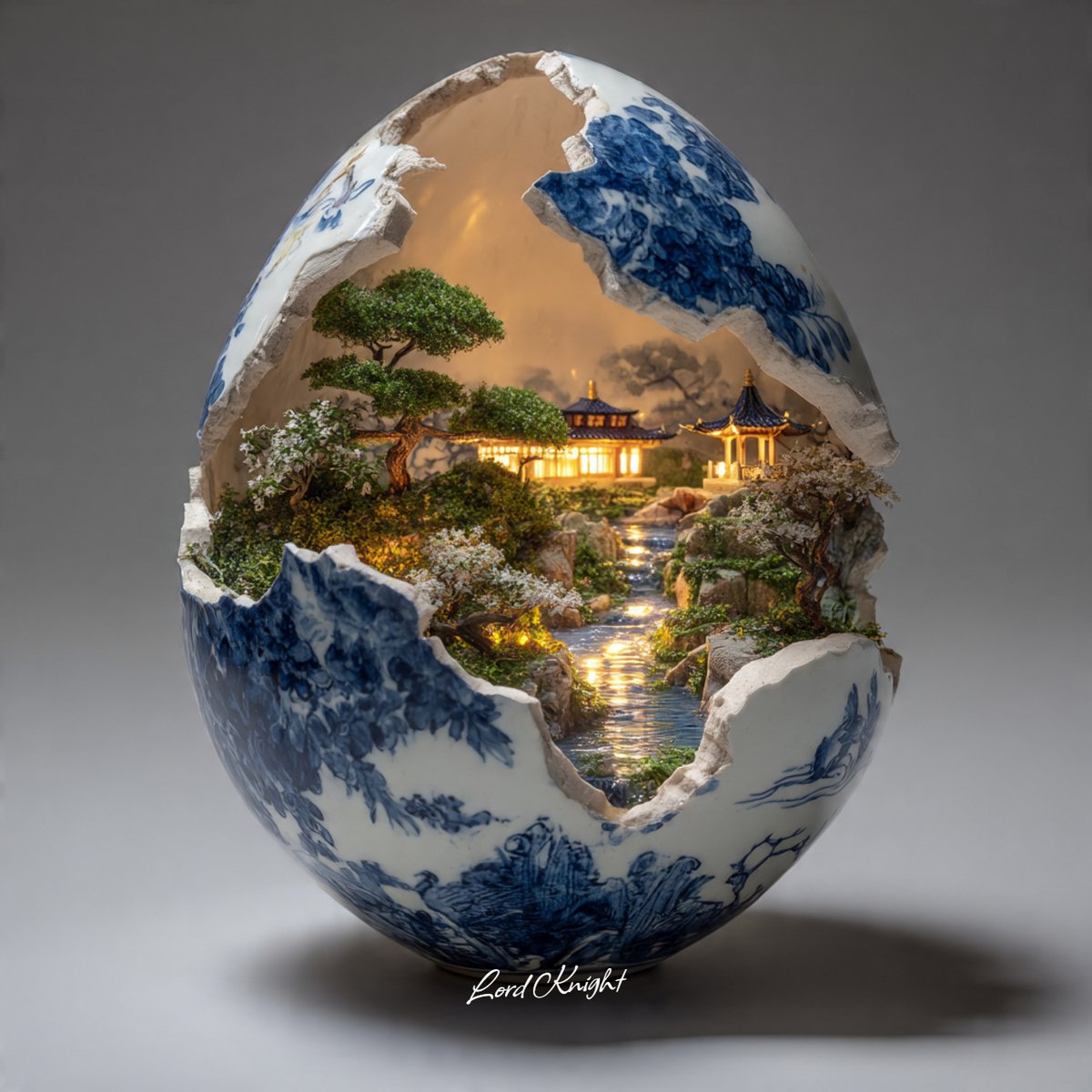 高度精细的陶瓷雕塑场景:一个破裂的瓷质球体静置在素雅的中性表面上,破开的开口露出内部生动的微型世界——郁郁葱葱的绿植、潺潺流水与柔和的光辉——…, 图片 1