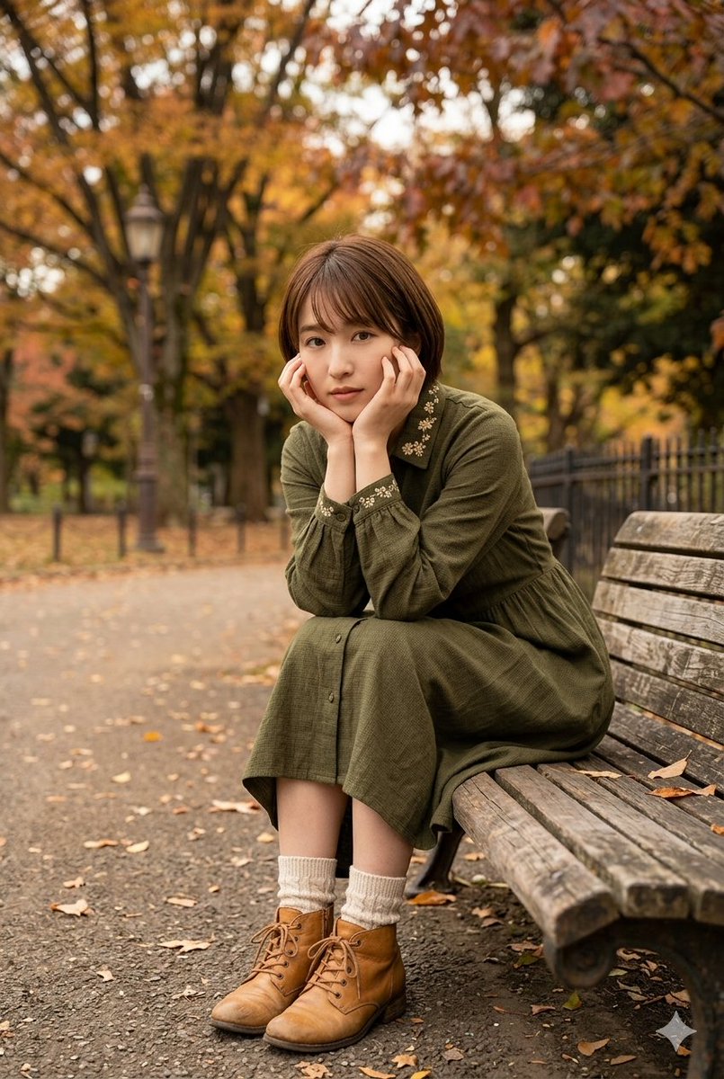 一张全身、垂直的电影感肖像照,照片中的年轻女子面容柔和、表情细腻,留着一头棕色短发,若有所思地坐在一张饱经风霜的木质公园长椅上。她双手托着下巴…, 图片 1