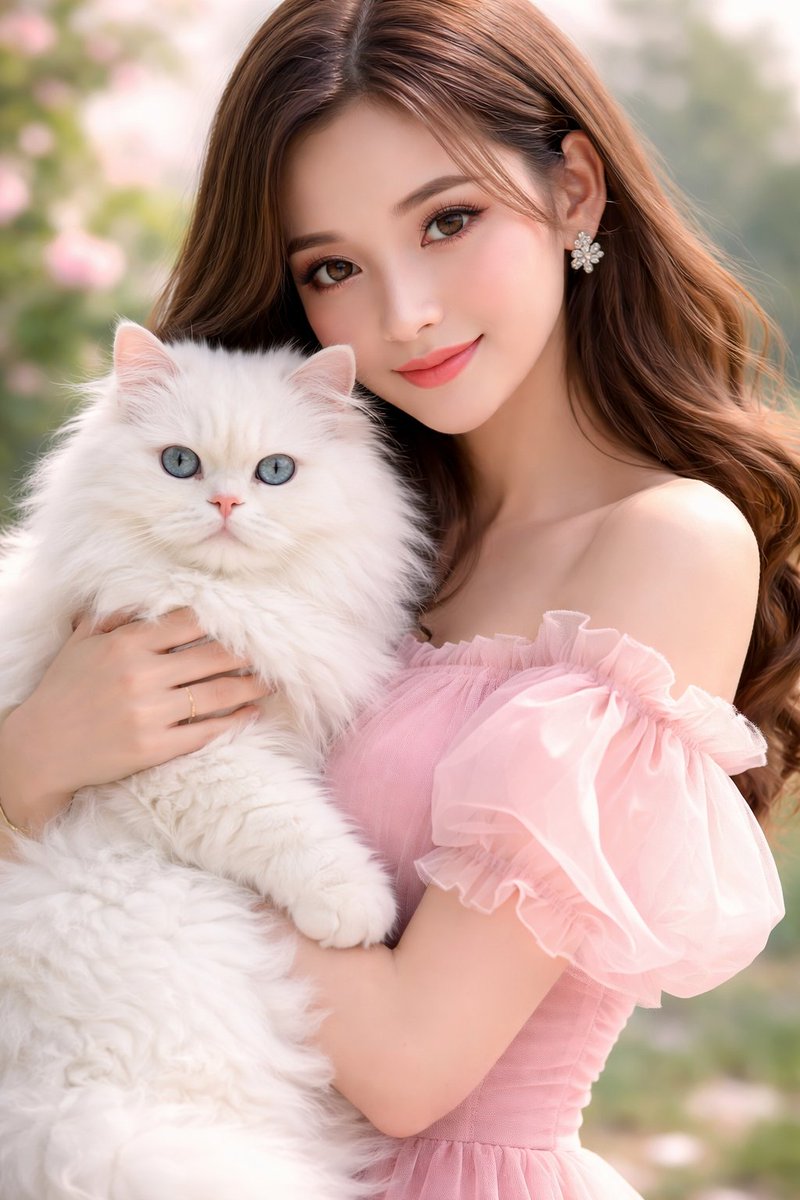 一张柔和的特写人像摄影作品，画面中一位年轻女子身穿淡粉色连衣裙，搭配精致轻盈的泡泡袖，温柔地怀抱着一只蓬松的白色波斯猫。她有着长而柔顺的发型、…, 图片 1
