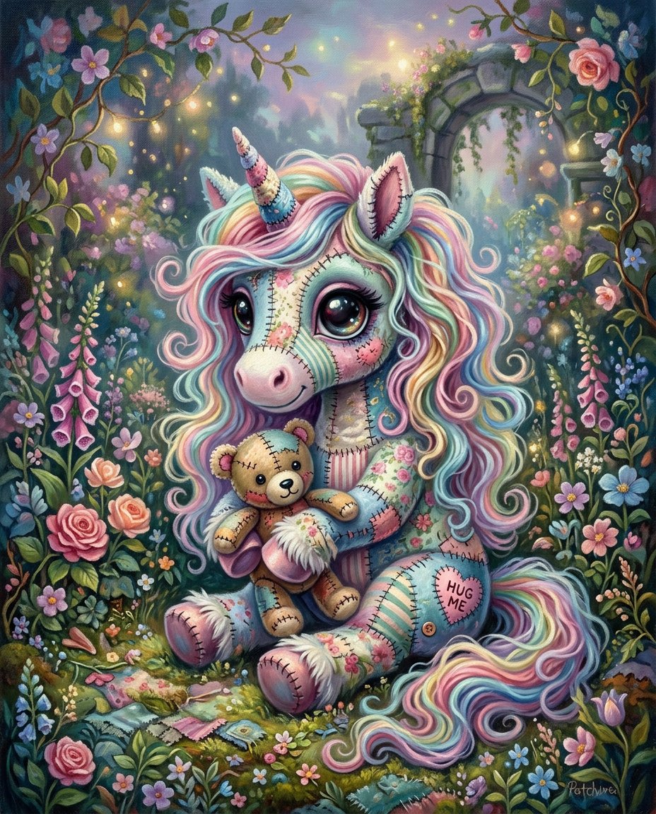 一幅奇思妙想的超现实主义油画插画,画中是一只超级可爱的拼布织物毛绒僵尸{subject},有着超大而富有表现力的玻璃般眼睛,彩虹色的长卷发以柔…, 图片 1
