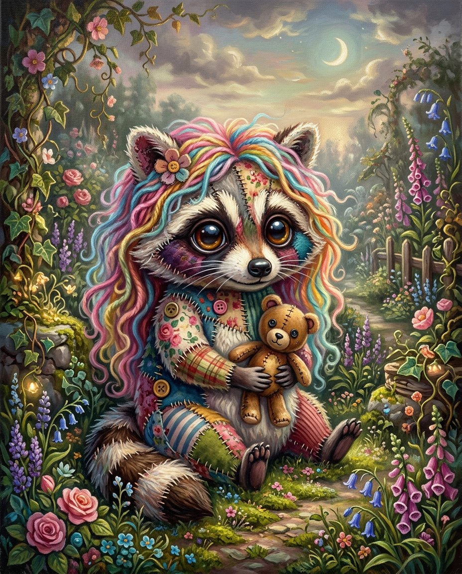 一幅奇思妙想的超现实主义油画插画,画中是一只超级可爱的拼布织物毛绒僵尸{subject},有着超大而富有表现力的玻璃般眼睛,彩虹色的长卷发以柔…, 图片 2