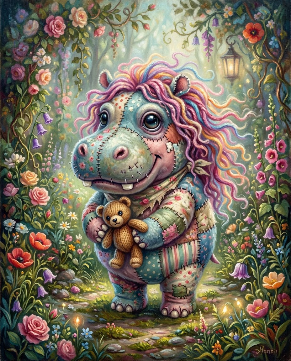 一幅奇思妙想的超现实主义油画插画,画中是一只超级可爱的拼布织物毛绒僵尸{subject},有着超大而富有表现力的玻璃般眼睛,彩虹色的长卷发以柔…, 图片 3