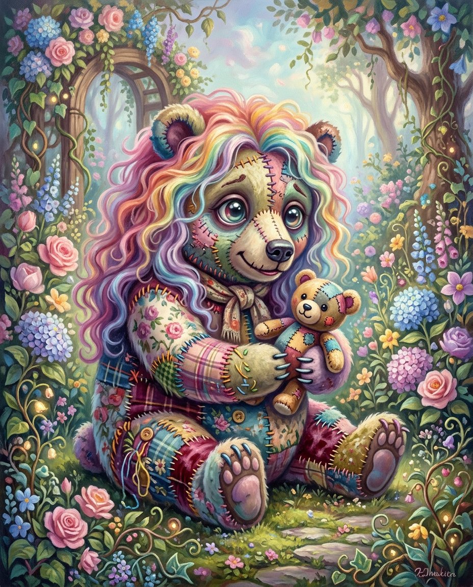 一幅奇思妙想的超现实主义油画插画,画中是一只超级可爱的拼布织物毛绒僵尸{subject},有着超大而富有表现力的玻璃般眼睛,彩虹色的长卷发以柔…, 图片 4