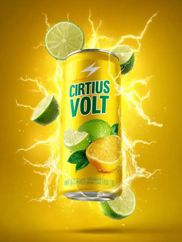 一个金属黄色的易拉罐,标签上写着"Citrus Volt",印有柠檬和青柠的水果图案,周围飞溅着柠檬汁,青柠片在空中飞舞,伴有发光的霓虹黄色火…, 图片 1