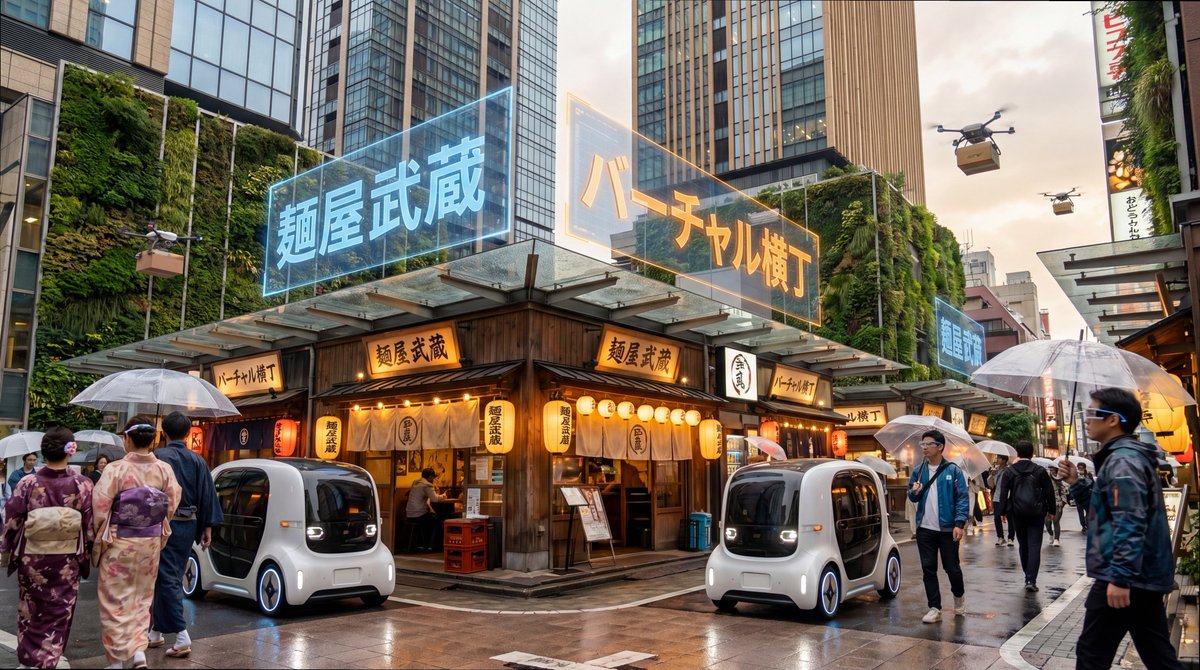 2050年东京街角的超写实概念摄影照片，全息日文招牌漂浮在传统居酒屋上方，自动驾驶舱车从行人身旁滑过，垂直花园从摩天大楼倾泻而下，空中可见无人…, 图片 1
