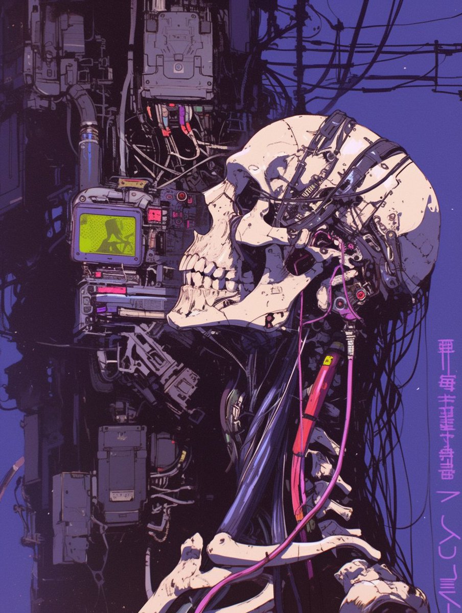宣传海报设计, 精细风格插画细线艺术, 硬阴影, 专业工作室插画, 细线艺术, 精细插画 最佳质量, 惊艳色彩, 人形赛博格白色骷髅, 精细面…, 图片 1