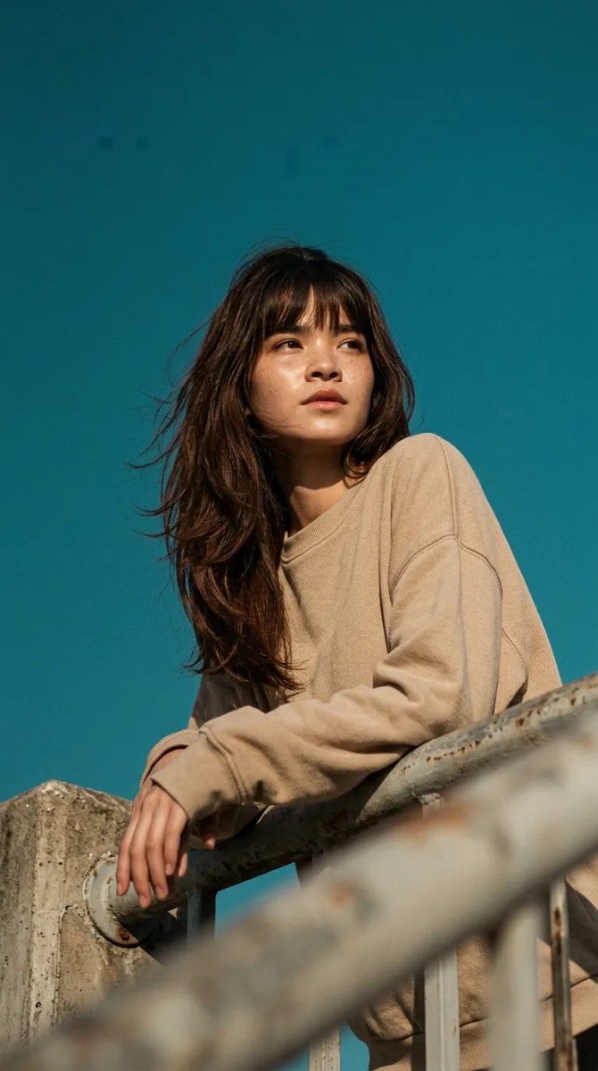 电影感人像照:一位年轻女子倚靠在混凝土栏杆上,身穿宽松米色卫衣,柔和的自然阳光在她脸上投下温暖的色调,背景为清澈的青蓝色天空,淡淡的雀斑,中长…, 图片 2