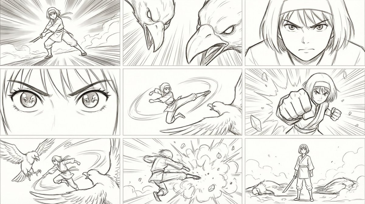 我需要绘制一个动作作画（sakuga）场景，日式少年漫风格的典型战斗：主角少女英雄对抗两只巨鸟。动作流程如下：, 图片 1