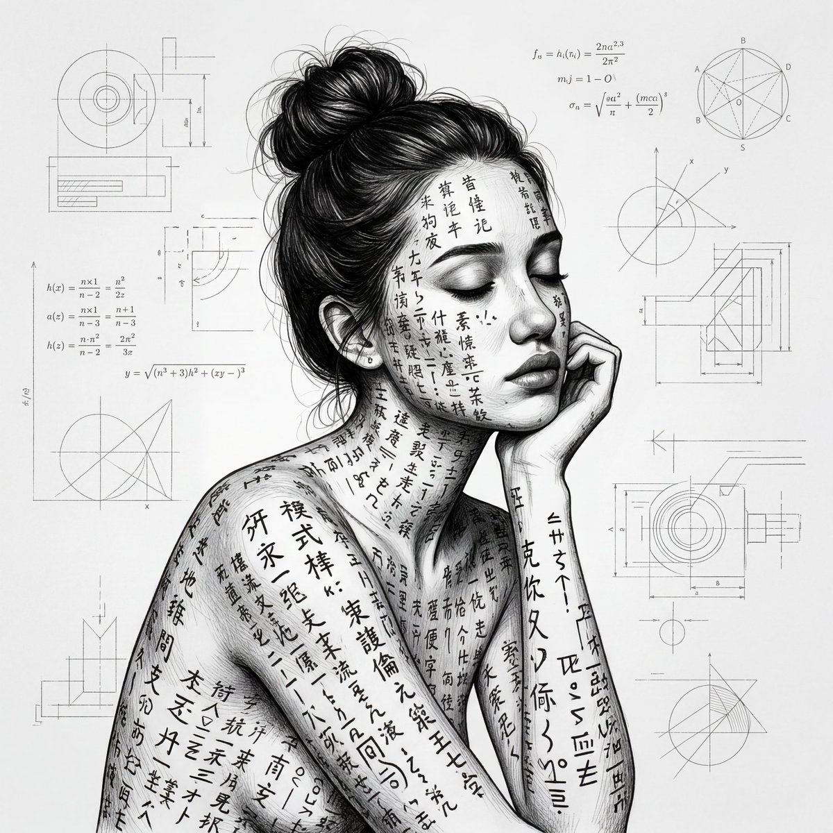 一张超现实主义的年轻女性黑白肖像，她头发扎成凌乱发髻，画面展示腰部以上，她姿态柔和、若有所思。她的整个身体和面部都布满了层层叠叠密密麻麻的手写…, 图片 3
