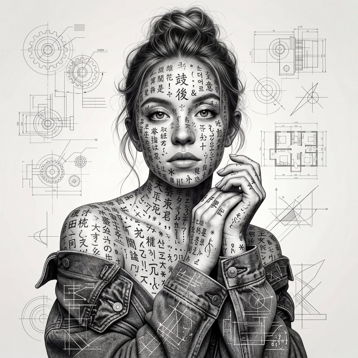 一张超现实主义的年轻女性黑白肖像，她头发扎成凌乱发髻，画面展示腰部以上，她姿态柔和、若有所思。她的整个身体和面部都布满了层层叠叠密密麻麻的手写…, 图片 4