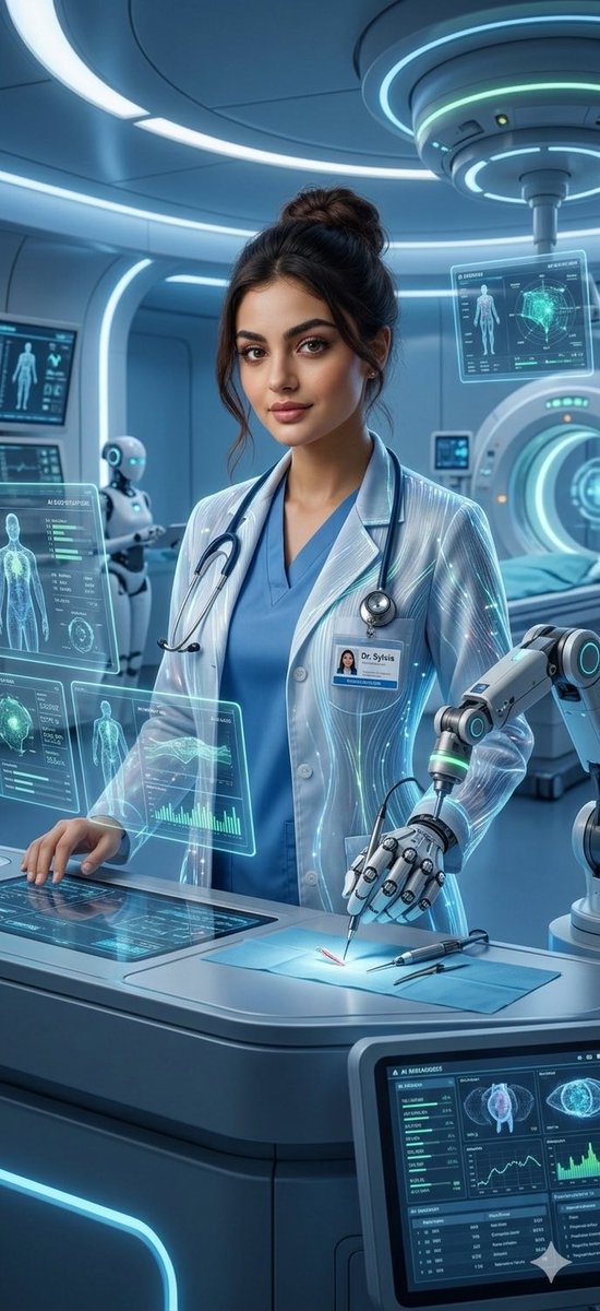 一位自信的女性医生在一家未来主义医院中工作,周围环绕着显示患者数据的全息人工智能屏幕,帮助手术的机器人助手,柔和的蓝色灯光,先进的医疗技术,她…, 图片 1