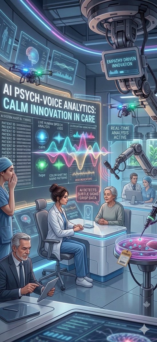 一家未来主义的加拿大心理健康实验室,人工智能系统在此实时分析人类的实时语音,将情绪困扰可视化为发光波形和颜色变化的声音模式。一名冷静的临床医生…, 图片 1