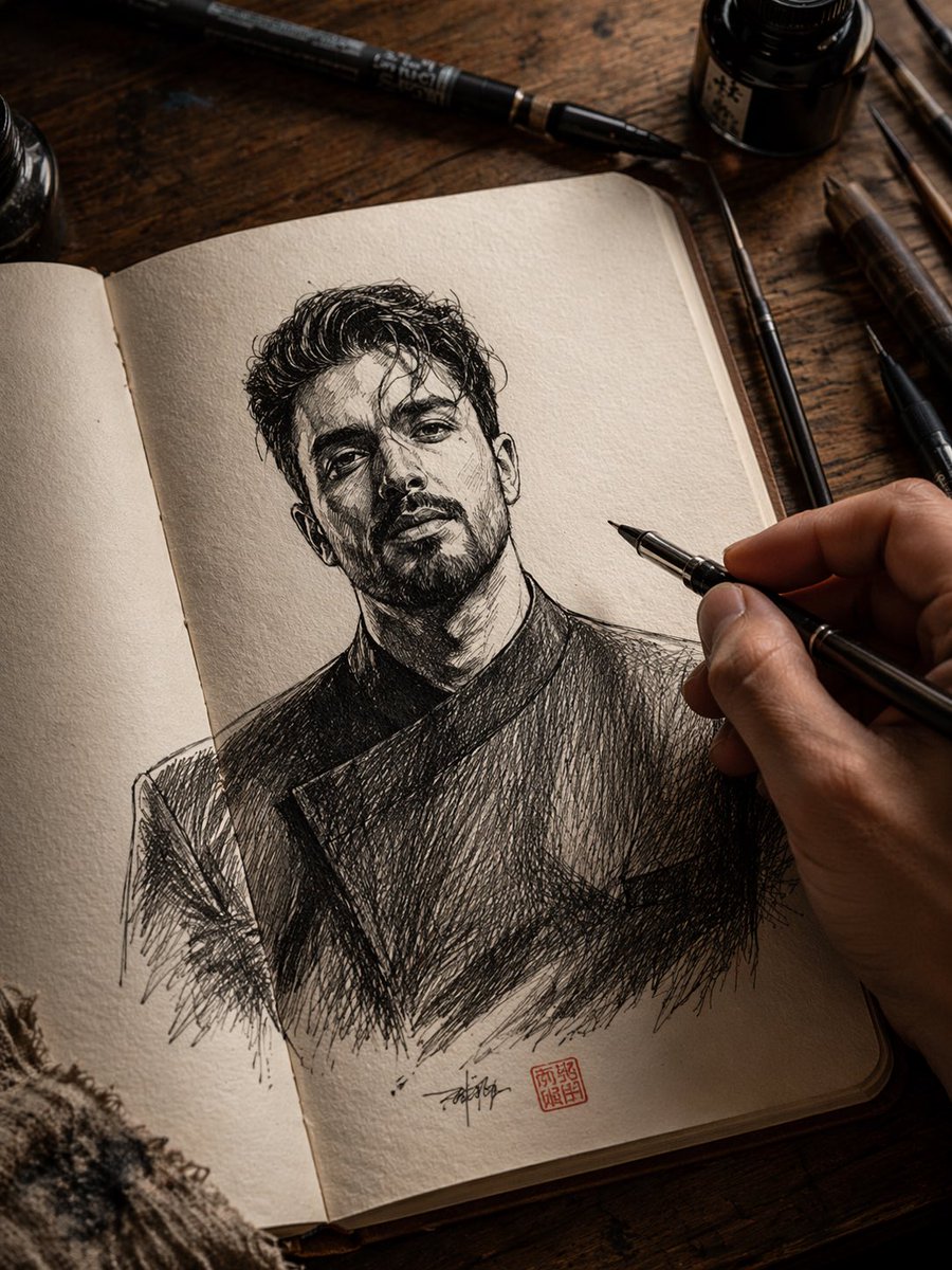 基于上传的参考图像,绘制一幅超精细的手绘钢笔插画,描绘一名男子。面部必须严格符合参考图像(相同的五官结构、发型、胡须细节和表情)。该男子正在一…, 图片 1