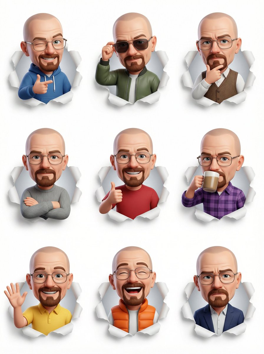 Create a 4:5 vertical 3×3 grid of 9 expressive 3D cartoon avatar stickers of th…