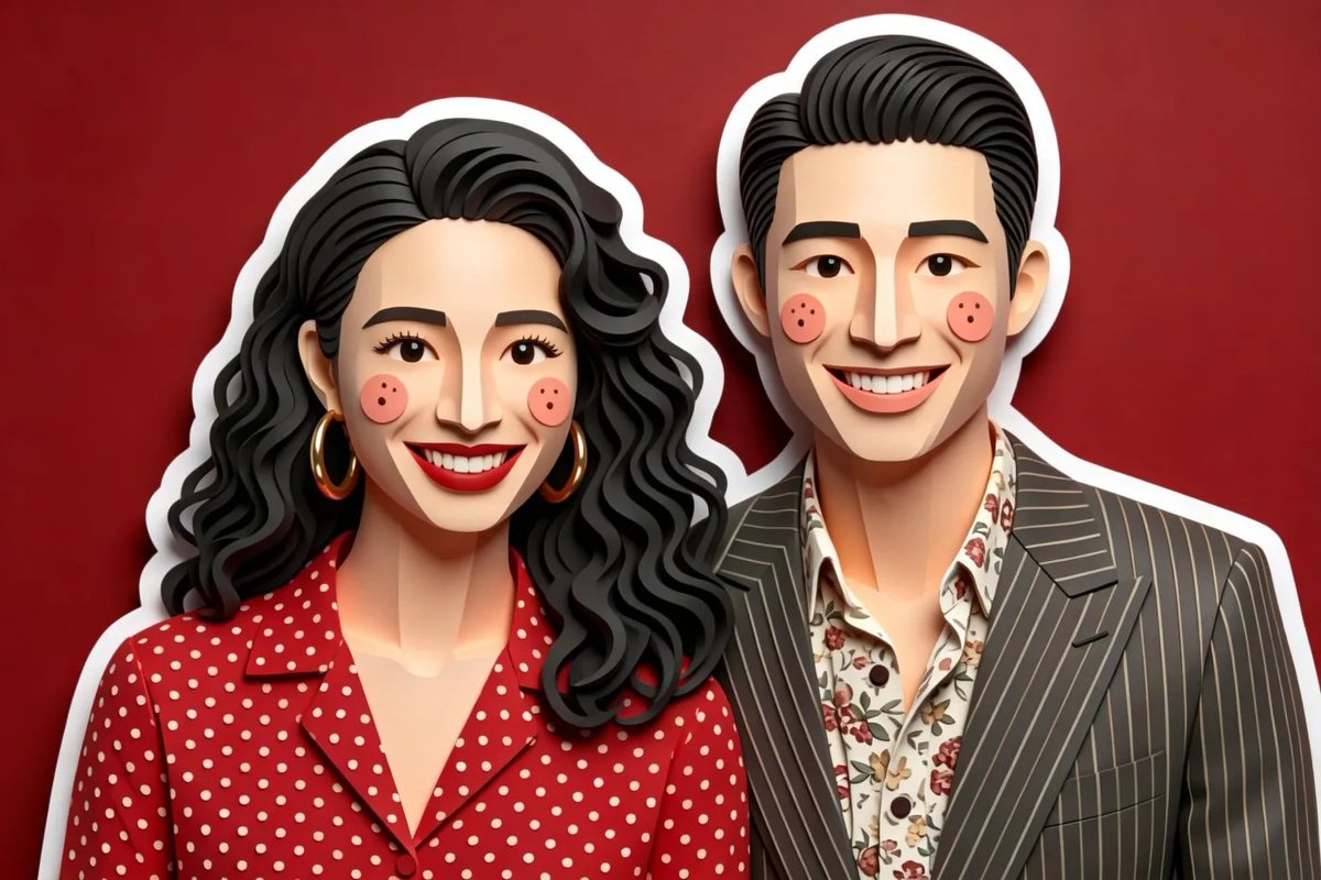 迷人的3D剪纸插画，线条圆润流畅，角色特征极简（点状眼睛、腮红脸颊），主体周围有粗白色贴纸边框，柔和的粉彩色调，均匀柔和的光线，哑光触感美术纸…, 图片 3