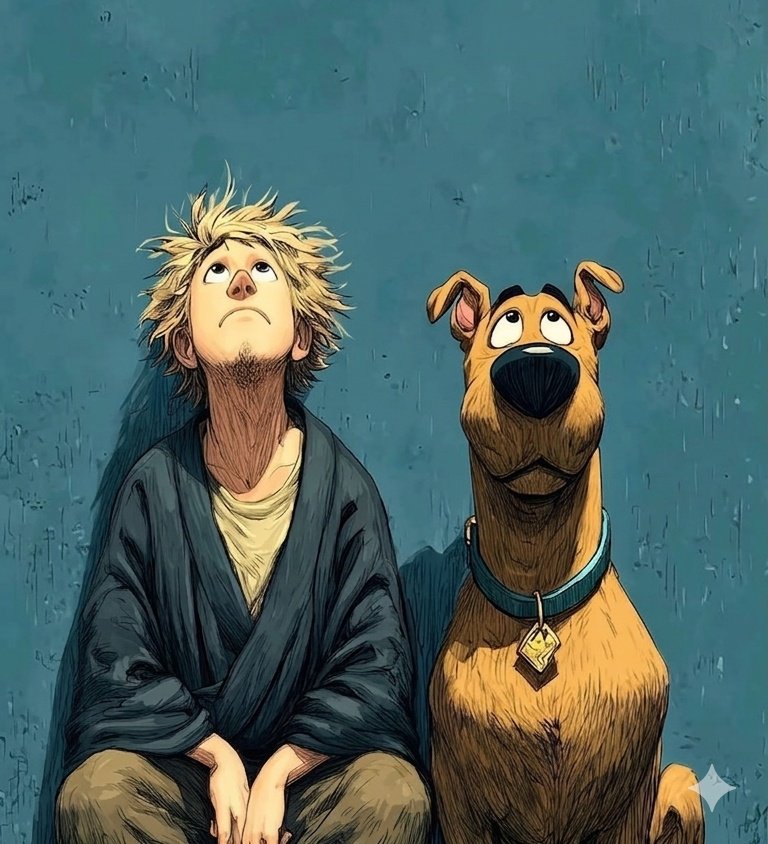 根据 image_0.png 重新创作这幅数字艺术肖像,画中描绘了一个年轻、邋遢的沙吉(Shaggy),他有一头狂野、蓬乱的金色尖发,下巴有胡…, 图片 1