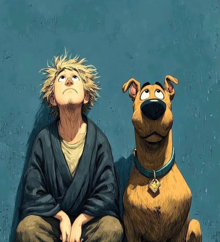 根据 image_0.png 重新创作这幅数字艺术肖像,画中描绘了一个年轻、邋遢的沙吉(Shaggy),他有一头狂野、蓬乱的金色尖发,下巴有胡…, 图片 2