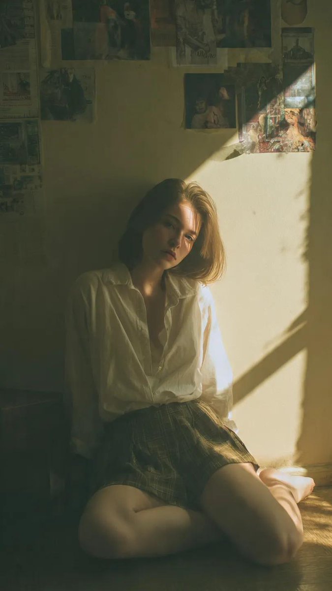 电影感肖像：一位年轻女性坐在一间小型复古房间的地板上，轻轻倚靠着墙壁，神情放松而内敛，柔和地望向镜头，身穿宽松的白衬衫和格纹裙，自然地盘腿而坐…, 图片 1