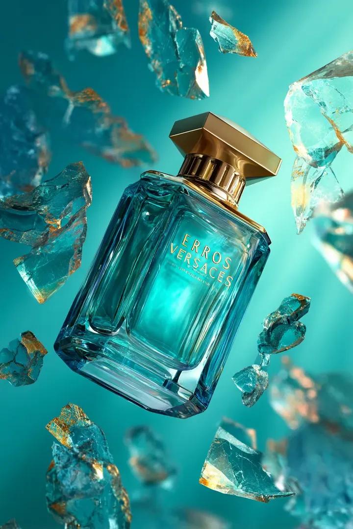 一瓶范思哲爱神(Versace Eros)香水瓶悬浮于半空之中,周围环绕着闪烁的青蓝色玻璃碎片,碎片边缘泛着金色反光,在干净的渐变白色背景上点…, 图片 1