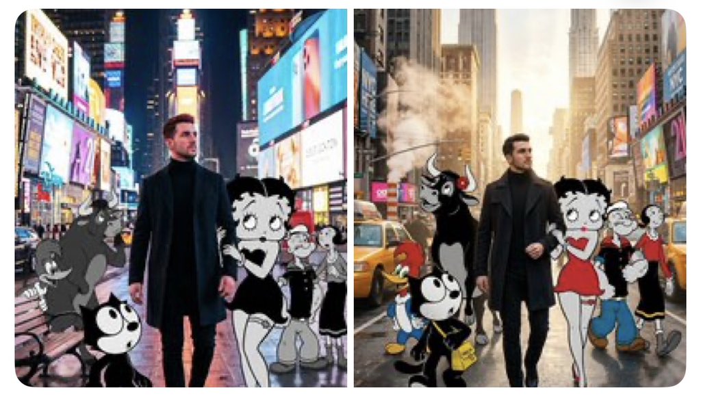 一张超现实、电影感十足的摄影作品，画面中我正穿行于纽约市。身侧是黑白呈现的角色：, 图片 1