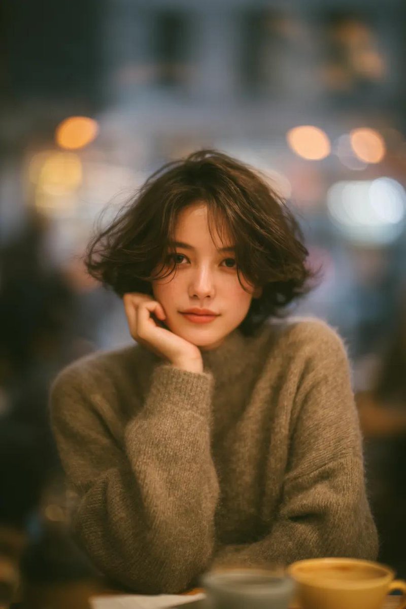 一张柔和的电影感人像照:一位年轻女子坐在一家温馨的咖啡馆里,轻轻将下巴搁在手上,以平静而略带梦幻的神情直视镜头。她留着略带凌乱的短卷发,身穿一…, 图片 1