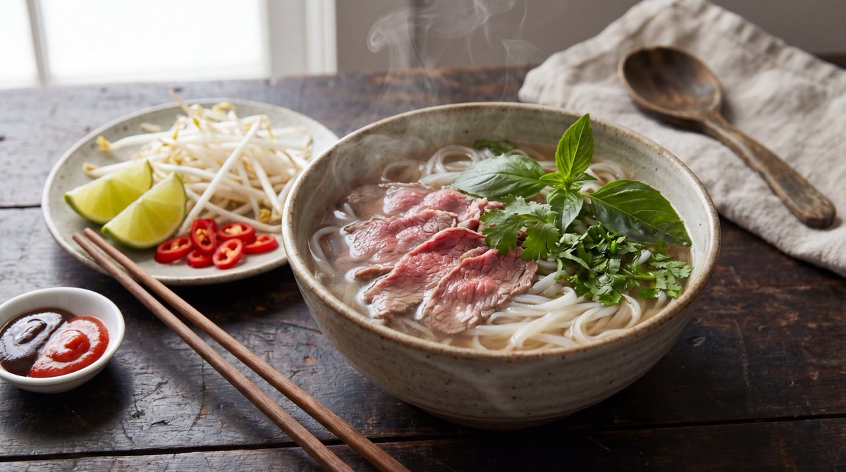 专业俯拍美食摄影:一碗热气腾腾的正宗河内风味越南牛肉河粉(phở bò),柔嫩的米线、薄切生牛肉片、新鲜的罗勒和香菜点缀,旁边配有豆芽、青柠角…, 图片 1