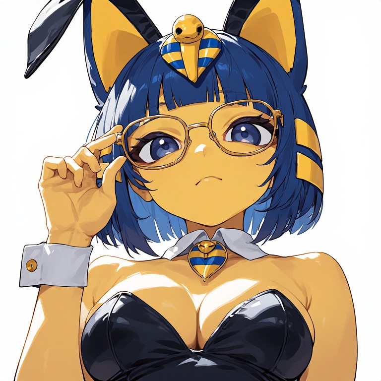 Ankha黄色皮肤,极简非常非常可爱美丽的Ankha,拥有大胸部,穿着兔子服装,戴着金丝细框大眼镜,杰作级数字绘画,精致的打光与构图,8K高清…, 图片 1