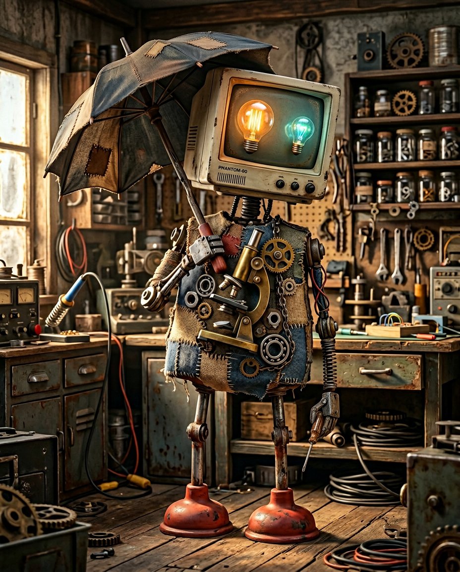 一个古怪奇异的机器人,由磨损的橡胶皮碗作为腿,一把弯曲的雨伞作为脊柱,一台笨重的复古电脑显示器作为头部,发光的、彼此不匹配的灯泡作为眼睛,身体…, 图片 1