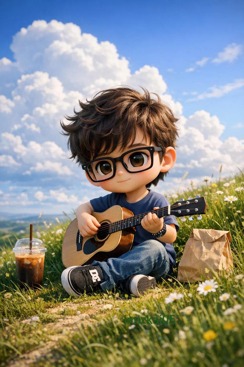 一个可爱的Q版（chibi）风格小男孩，留着凌乱的棕色头发，长着一双大大的、富有表现力的眼睛，坐在长满青草的小山上，头顶是明亮的蓝天，飘着柔软…, 图片 1