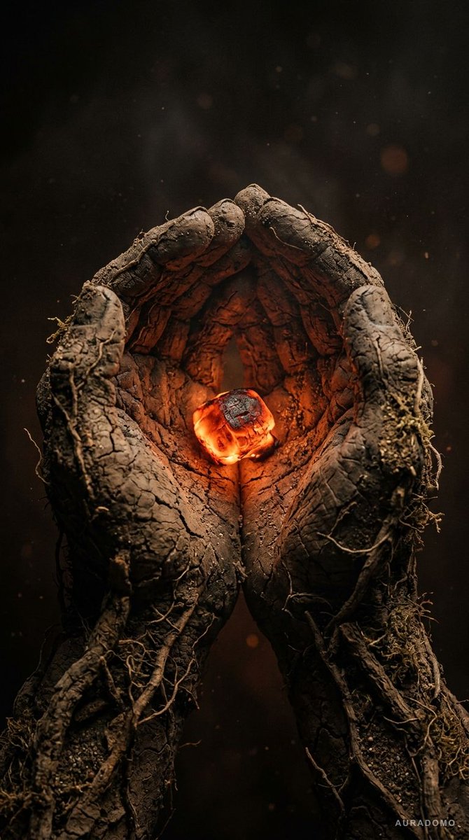 “在黑暗虚空中,由龟裂的大地与树根构成的手掌托举着一颗发光的余烬,极端微距细节呈现皮肤纹理与土壤,8K暗黑风格艺术摄影” 使用 AURADOM…, 图片 1